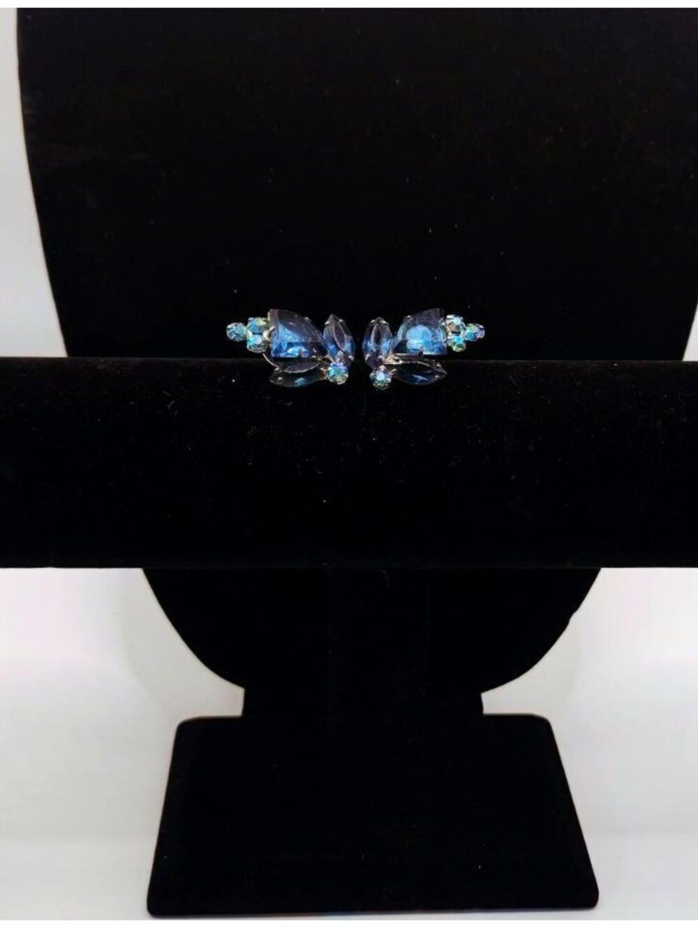 Vintage Blue Aurora Borealis Rhinestone Cluster Clip On Earrings Mid Century